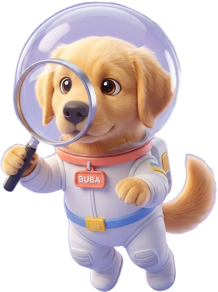 Buba, el perro astronauta, investigando con lupa