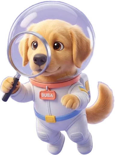 Buba, el perro astronauta, inspeccionando código con lupa